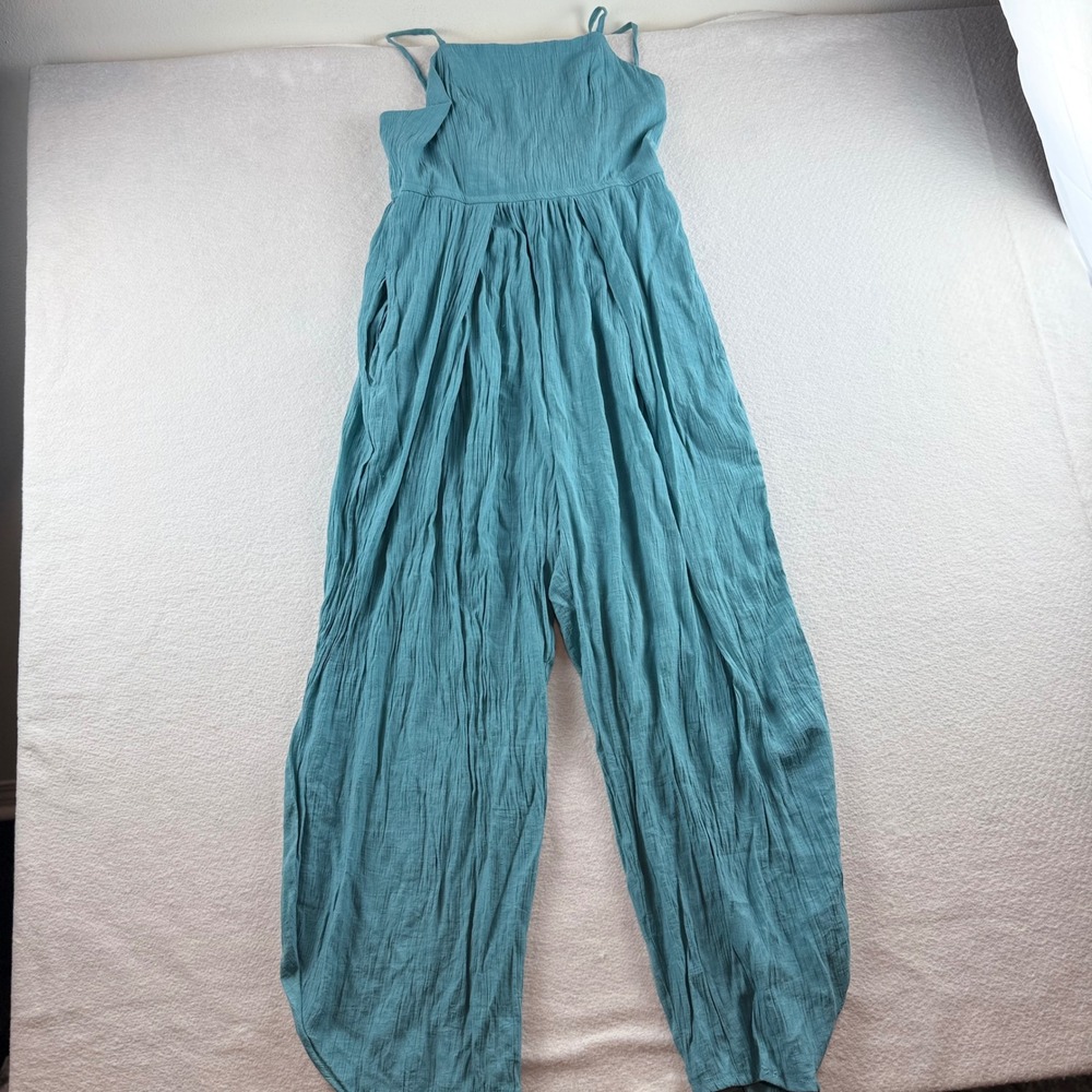 Halara Teal Blue Wide Leg Jumpsuit Womens M Crinkle Gauze Lace Up Back Pockets